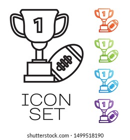 Black line Award cup and American football ball icon isolated on white background. Winner trophy symbol. Championship or competition trophy. Set icons colorful. Vector Illustration