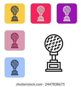 Black line Award cup with golf icon isolated on white background. Winner trophy symbol. Championship or competition trophy. Sports achievement sign. Set icons in color square buttons. Vector