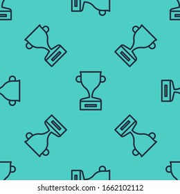 Black line Award cup icon isolated seamless pattern on green background. Winner trophy symbol. Championship or competition trophy. Sports achievement sign.  Vector Illustration