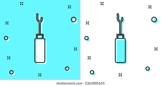 Black line Awl tool with wooden handle icon isolated on green and white background. Work equipment tailor industry. Random dynamic shapes. Vector
