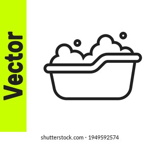 Black line Baby bathtub with foam bubbles inside icon isolated on white background.  Vector