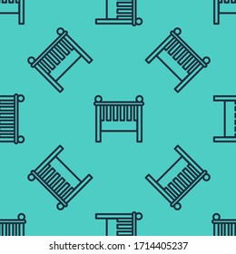 Black line Baby crib cradle bed icon isolated seamless pattern on green background.  Vector Illustration