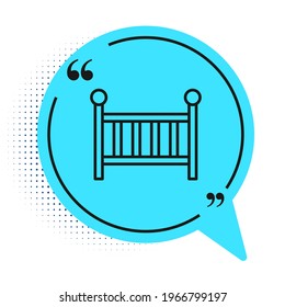 Black line Baby crib cradle bed icon isolated on white background. Blue speech bubble symbol. Vector