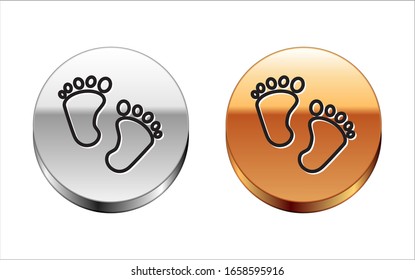 Black line Baby footprints icon isolated on white background. Baby feet sign. Silver-gold circle button. Vector Illustration