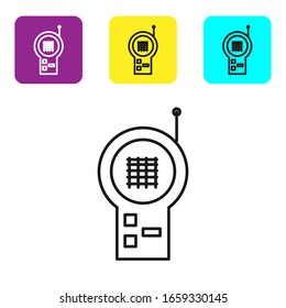 Black line Baby Monitor Walkie Talkie icon isolated on white background. Set icons colorful square buttons. Vector Illustration