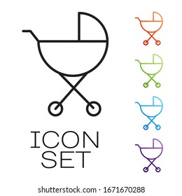 Black line Baby stroller icon isolated on white background. Baby carriage, buggy, pram, stroller, wheel. Set icons colorful. Vector Illustration