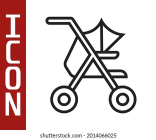 Black line Baby stroller icon isolated on white background. Baby carriage, buggy, pram, stroller, wheel.  Vector