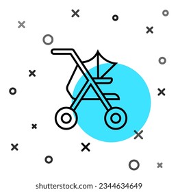 Black line Baby stroller icon isolated on white background. Baby carriage, buggy, pram, stroller, wheel. Random dynamic shapes. Vector