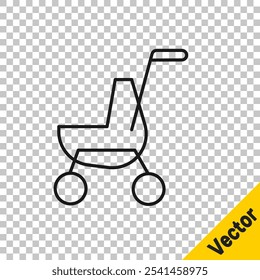 Black line Baby stroller icon isolated on transparent background. Baby carriage, buggy, pram, stroller, wheel.  Vector