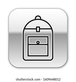 Black line Backpack icon isolated on white background. Silver square button. Vector Illustration