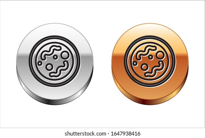 Black line Bacteria icon isolated on white background. Bacteria and germs, microorganism disease causing, cell cancer, microbe, virus, fungi. Silver-gold circle button. Vector Illustration