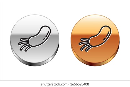 Icono de la bacteria de la línea negra aislado en fondo blanco. Bacterias y gérmenes, microorganismos causantes de enfermedades, cáncer celular, microbio, virus, hongos. Botón del círculo dorado plateado.  Ilustración vectorial