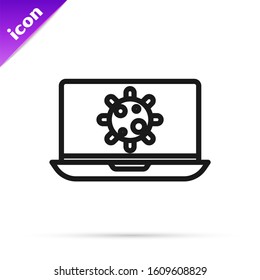Black line Bacteria on laptop icon isolated on white background. Bacteria and germs, cell cancer, microbe, virus, fungi.  Vector Illustration