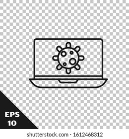 Black line Bacteria on laptop icon isolated on transparent background. Bacteria and germs, cell cancer, microbe, virus, fungi.  Vector Illustration