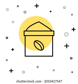 Línea negra Bolsa del icono de los granos de café aislado en fondo blanco. Formas dinámicas aleatorias. Ilustración vectorial