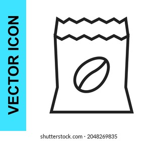 Black line Bag of coffee beans icon isolated on white background.  Vector