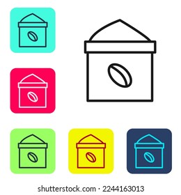 Black line Bag of coffee beans icon isolated on white background. Set icons in color square buttons. Vector Illustration