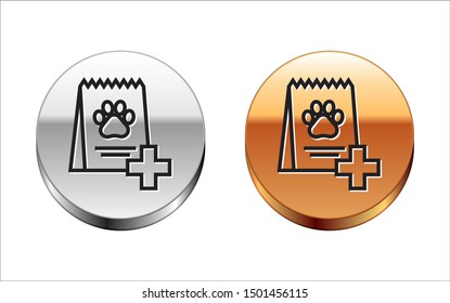 Black line Bag of food for dog icon isolated on white background. Dog or cat paw print. Food for animals. Pet food package. Silver-gold circle button. Vector Illustration