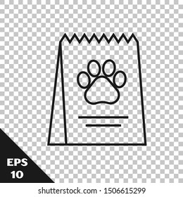 Black line Bag of food for dog icon isolated on transparent background. Dog or cat paw print. Food for animals. Pet food package.  Vector Illustration