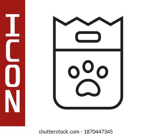 Black line Bag of food for dog icon isolated on white background. Dog or cat paw print. Food for animals. Pet food package.  Vector