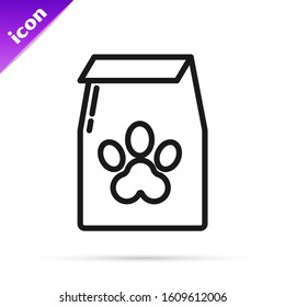 Black line Bag of food for pet icon isolated on white background. Food for animals. Pet food package. Dog or cat paw print.  Vector Illustration