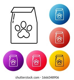Black line Bag of food for pet icon isolated on white background. Food for animals. Pet food package. Dog or cat paw print. Set icons colorful circle buttons. Vector Illustration