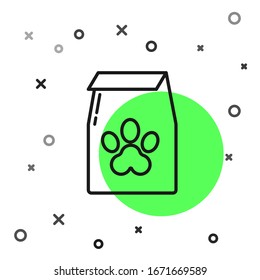 Black line Bag of food for pet icon isolated on white background. Food for animals. Pet food package. Dog or cat paw print.  Vector Illustration