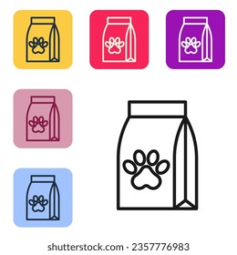 Black line Bag of food for pet icon isolated on white background. Food for animals. Dog bone sign. Pet food package. Set icons in color square buttons. Vector