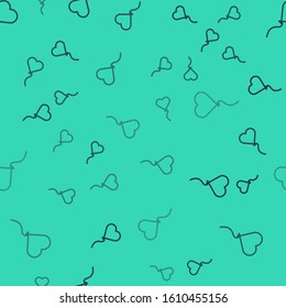 Black line Balloons in form of heart with ribbon icon isolated seamless pattern on green background. Valentines day symbol.  Vector Illustration