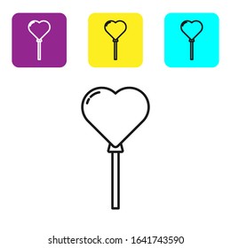 Black line Balloons in form of heart with ribbon icon isolated on white background. Set icons colorful square buttons. Vector Illustration