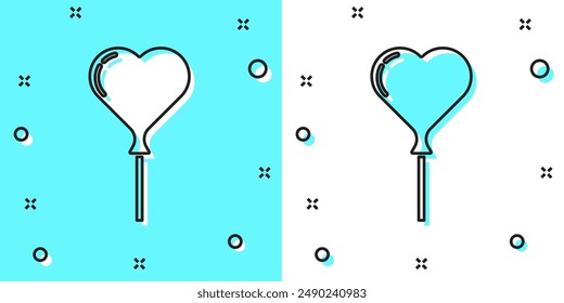 Black line Balloons in form of heart with ribbon icon isolated on green and white background. Random dynamic shapes. Vector