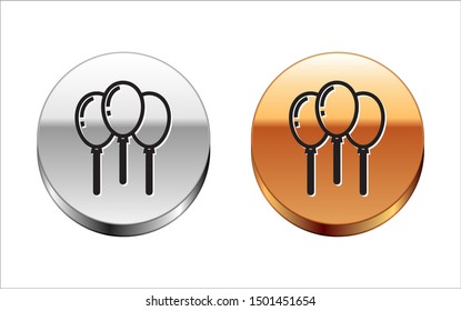 Black line Balloons with ribbon icon isolated on white background. Silver-gold circle button. Vector Illustration