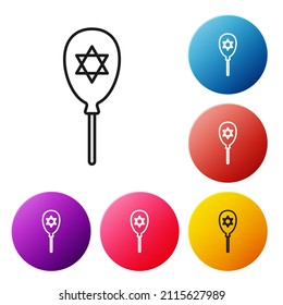 Black line Balloons with ribbon with star of david icon isolated on white background. Balloon with israel flag. Set icons colorful circle buttons. Vector