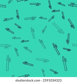 Black line Bamboo flute indian musical instrument icon isolated seamless pattern on green background.  Vector