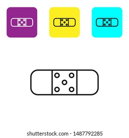Black line Bandage plaster icon isolated on white background. Medical plaster, adhesive bandage, flexible fabric bandage. Set icons colorful square buttons. Vector Illustration