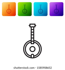 Black line Banjo icon isolated on white background. Musical instrument. Set icons in color square buttons. Vector Illustration