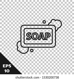 Black line Bar of soap with foam icon isolated on transparent background. Soap bar with bubbles.  Vector Illustration
