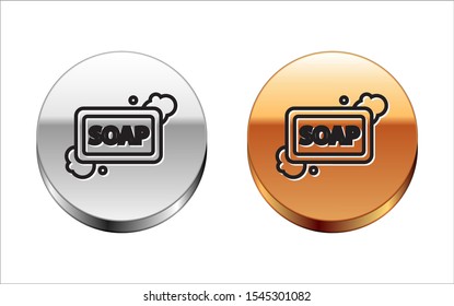 Black line Bar of soap with foam icon isolated on white background. Soap bar with bubbles. Silver-gold circle button. Vector Illustration