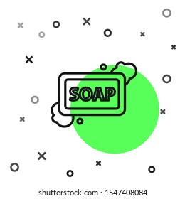 Black line Bar of soap with foam icon isolated on white background. Soap bar with bubbles.  Vector Illustration