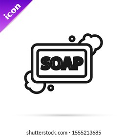 Black line Bar of soap with foam icon isolated on white background. Soap bar with bubbles.  Vector Illustration