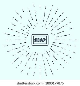 Black line Bar of soap with foam icon isolated on grey background. Soap bar with bubbles. Abstract circle random dots. Vector Illustration