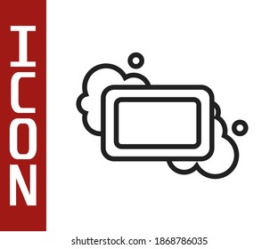 Icono de barra de jabón de línea negra aislado en fondo blanco. Barra de jabón con burbujas.  Vector