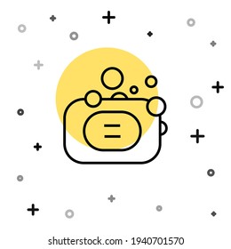 Black line Bar of soap icon isolated on white background. Soap bar with bubbles. Random dynamic shapes. Vector