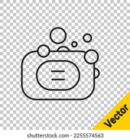 Black line Bar of soap icon isolated on transparent background. Soap bar with bubbles.  Vector
