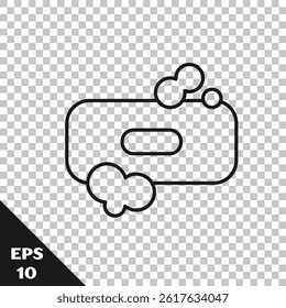 Black line Bar of soap icon isolated on transparent background. Soap bar with bubbles.  Vector Illustration