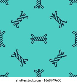 Black line Barbed wire icon isolated seamless pattern on green background.  Vector Illustration