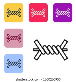 Icono de alambre de púas de línea negra aislado en fondo blanco. Establecer iconos en botones cuadrados de color. Ilustración vectorial