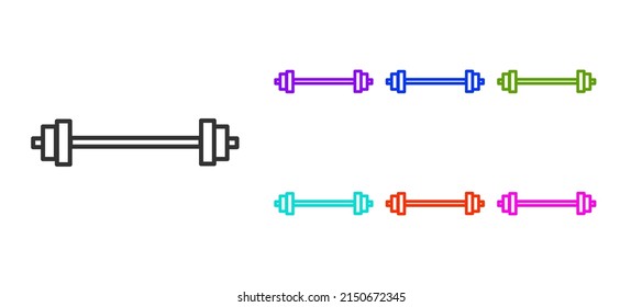Black line Barbell icon isolated on white background. Muscle lifting icon, fitness barbell, gym, sports equipment, exercise bumbbell. Set icons colorful. Vector Illustration
