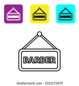 Black line Barbershop icon isolated on white background. Hairdresser logo or signboard. Set icons colorful square buttons. Vector Illustration