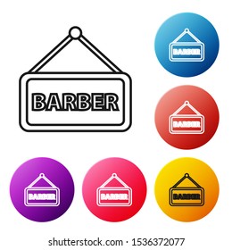 Black line Barbershop icon isolated on white background. Hairdresser logo or signboard. Set icons colorful circle buttons. Vector Illustration